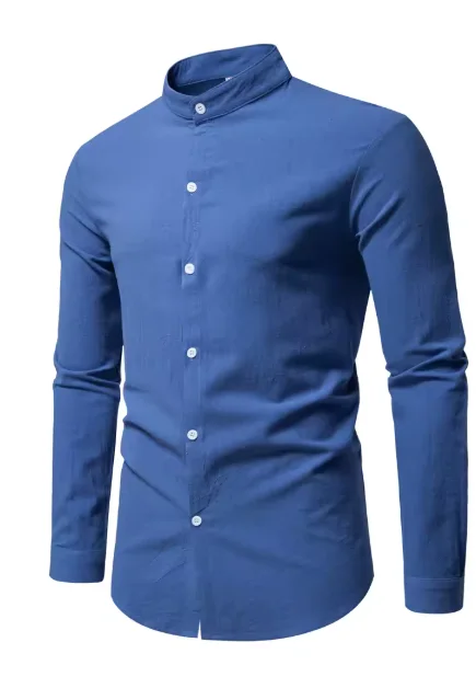قميص رجالي بأكمام طويلة وياقة واقفة بلون موحد، مناسب للارتداء اليومي، مصنوع من القطن الخالص، كارديجان أن