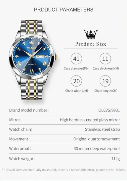 ساعة أوليفز رجالية مرصعة بالألماس، مناسبة للأعمال الرسمية، تعمل بنظام كوارتز تناظري، مصنوعة من الفولاذ المقاوم للصدأ، مقاومة للماء، مزودة بمؤشر تاريخ مضيء، لونين، ساعة يد فاخرة بلون أزرق (cop