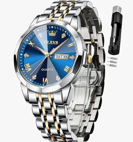 ساعة أوليفز رجالية مرصعة بالألماس، مناسبة للأعمال الرسمية، تعمل بنظام كوارتز تناظري، مصنوعة من الفولاذ المقاوم للصدأ، مقاومة للماء، مزودة بمؤشر تاريخ مضيء، لونين، ساعة يد فاخرة بلون أزرق (cop