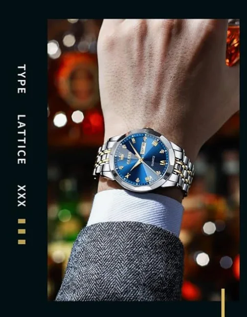 ساعة أوليفز رجالية مرصعة بالألماس، مناسبة للأعمال الرسمية، تعمل بنظام كوارتز تناظري، مصنوعة من الفولاذ المقاوم للصدأ، مقاومة للماء، مزودة بمؤشر تاريخ مضيء، لونين، ساعة يد فاخرة بلون أزرق (cop