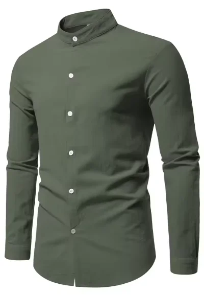 قميص رجالي بأكمام طويلة وياقة واقفة بلون موحد، مناسب للارتداء اليومي، مصنوع من القطن الخالص، كارديجان أن