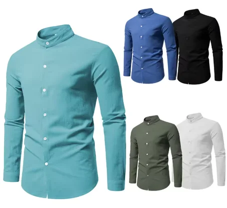 قميص رجالي بأكمام طويلة وياقة واقفة بلون موحد، مناسب للارتداء اليومي، مصنوع من القطن الخالص، كارديجان أن