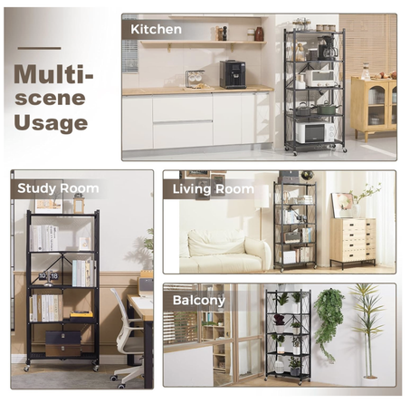 أرفف تخزين سميكة قابلة للطي من 5 طبقات - عجلات بنتيفار، بدون تجميع، بسعة كبيرة، وحدة رفوف معدنية شديدة التحمل، عربة دوارة للمرآب والمطبخ والقبو والمخزن أسود،