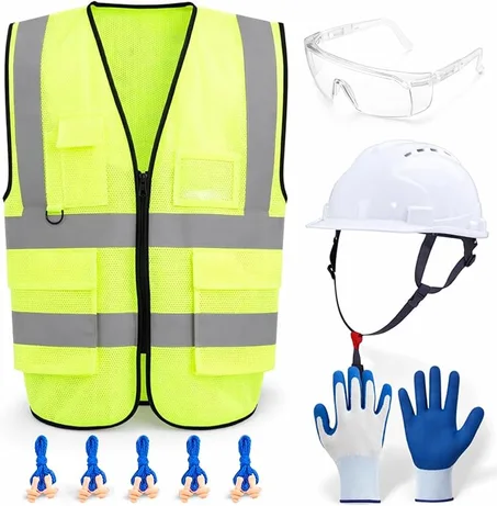 Cuffbow 9 piezas XL de equipo de protección personal (EPP) kit de seguridad incluye gafas de seguridad, tapones para los oídos, casco duro, guantes de nitrilo, chaleco reflectante para protec