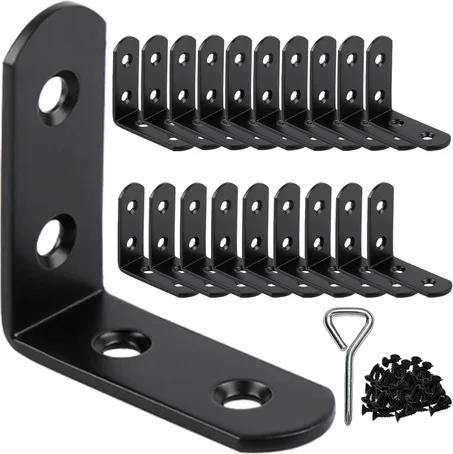 Soportes de esquina de 2 pulgadas en L para estantes de madera, paquete de 20 soportes de esquina reforzados, soportes de estante de acero resistentes negros para muebles/bricolaje para mejor
