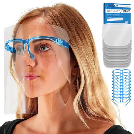 TCP Global Salon World Protectores Faciales de Seguridad con Marcos de Gafas Azules (Paquete de 10) - Protectores Faciales Completos Ultra Transparentes para Proteger Ojos, Nariz, Boca - Plás