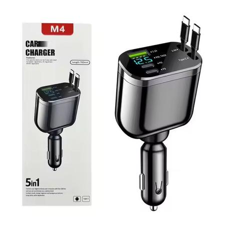 Chargeur de voiture rétractable USB avec deux câbles 5en1