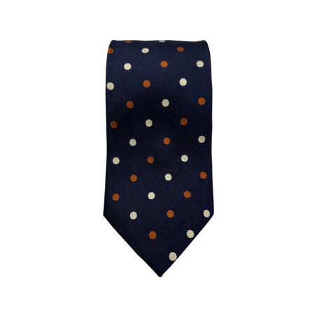Cravate en Soie Dark Bleu-Motifs points Beige et Camel