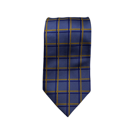 Cravate en Soie Bleu-Carreaux Jaune Moutarde