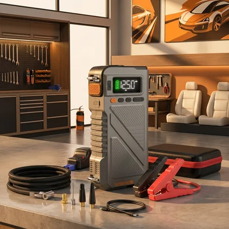 مشغل بطارية (Jump Starter) مع منفاخ هواء للسيارات.