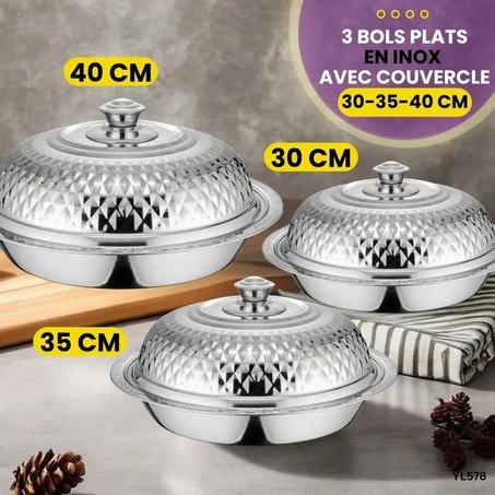 Série de 3 Bols plats en inox avec couvercles