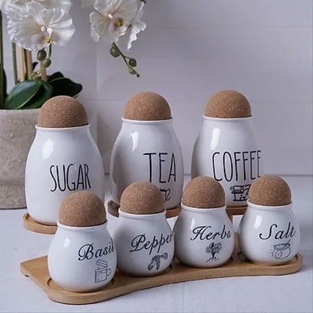 Set de 7 Boîtes à Épices en Céramique avec Support en Bois