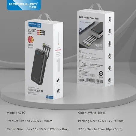 Konfulon Power bank 20000mAh Charge rapide Batterie externe de charge super rapide avec 4 câbles intégrés prenant en charge plusieurs appareils téléphoniques Charge rapide type-c PD 20W USB 2