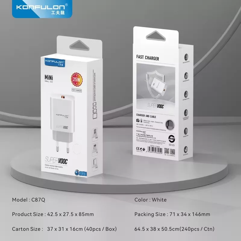 Chargeur Rapide konfulon 25W– C87Q avec Câble TYPE -C