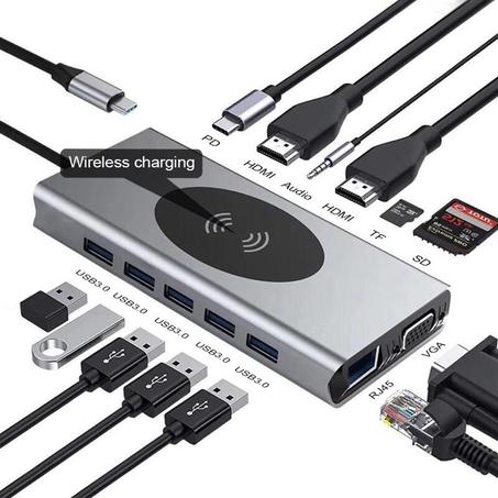 Hub USB C, station d’accueil USB-C (14 en 1), avec chargeur sans fil