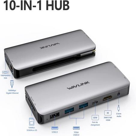 WAVLINK Hub USB C, mini station d’accueil adaptateur 10 en 1 de type C