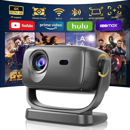 Video projecteur 4K, 26000Lux Projecteur Home Cinéma avec WiFi 5G et Bluetooth 5.2,180°Tourner, Focus Électrique/Correction Trapèze/Zoom Natif 1080P Rétroprojecteur pour Smartphone iOS/Androi