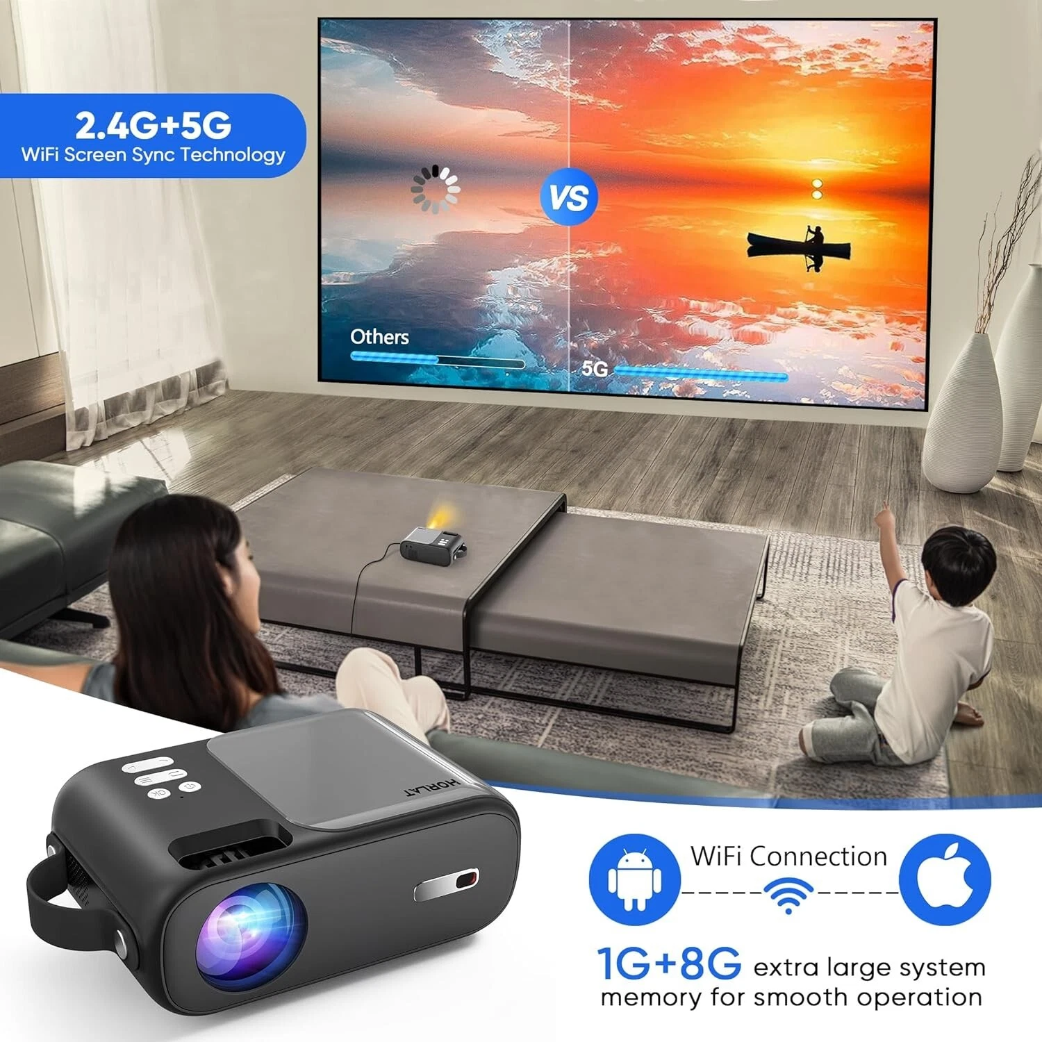 HORLAT 5G Mini WiFi Bluetooth Portable Full HD Projector for iPhone, 9000 Lumens