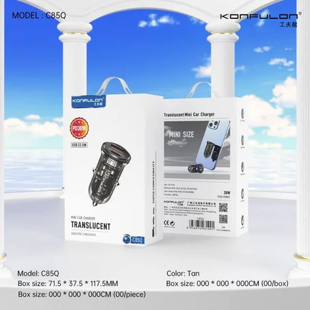 Auto punjac KONFULON mini C85Q USB-A 22.5W / USB-C 30W FAST crni