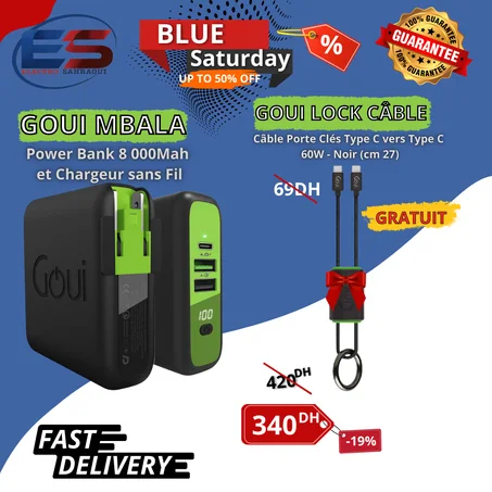 Goui Mbala Chargeur Sans Fil +Power Bank 8000 mAh Qi + Chargeur mural