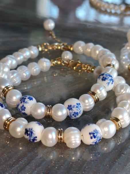 Bracelets en véritables perles de culture avec perles en porcelaine