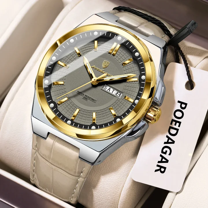 Montre pour homme Poedagar 896, sport de luxe, quartz lumineux, bracelet en cuir, étanche [Montre Élégante - [Livraison Standard 10-15 jours]