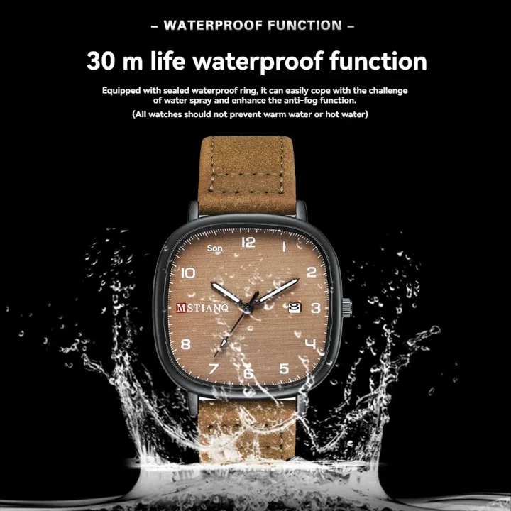 Montre pour homme MSTIANQ, élégante, de luxe, étanche, lumineuse, sportive, avec date, boîtier en alliage, cadran en verre, bracelet en cuir, quartz