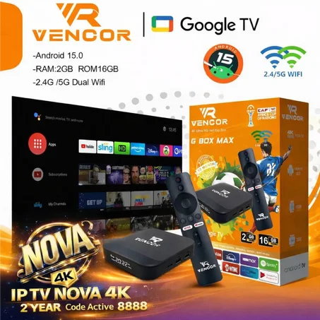 TV Box VENCOR G BOX MAX Google TV Android 15 – IPTV NOVA 4K 2 Ans, Spécial Sport