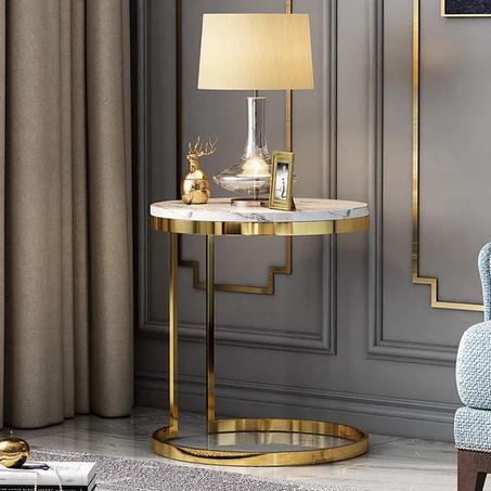 Table d'appoint ronde en effet marbre avec cadre en acier inoxydable doré
