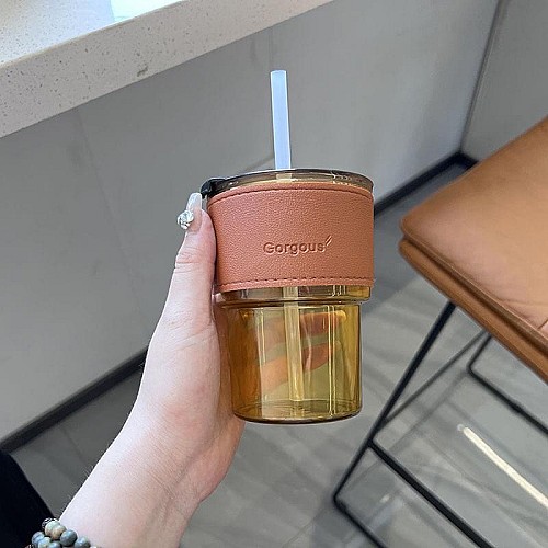 أكواب زجاجية للقهوة مع أغطية وأنابيب مانعة للتسرب ☕🥤🚫