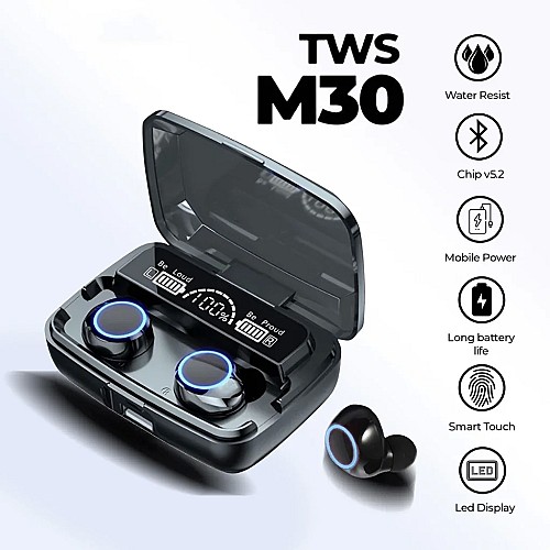 سماعات M30 TWS بلوتوث 5.3، شاشة LED، لاسلكية 🎧📲