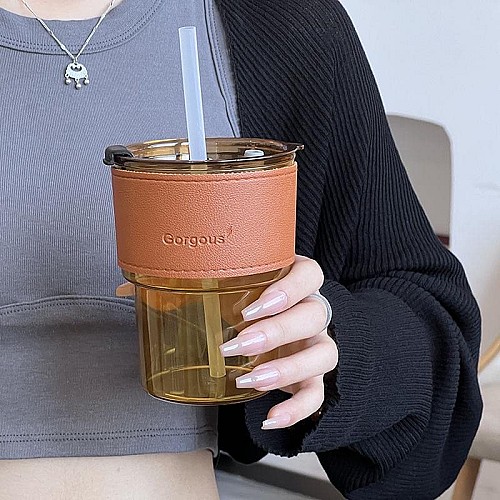 أكواب زجاجية للقهوة مع أغطية وأنابيب مانعة للتسرب ☕🥤🚫