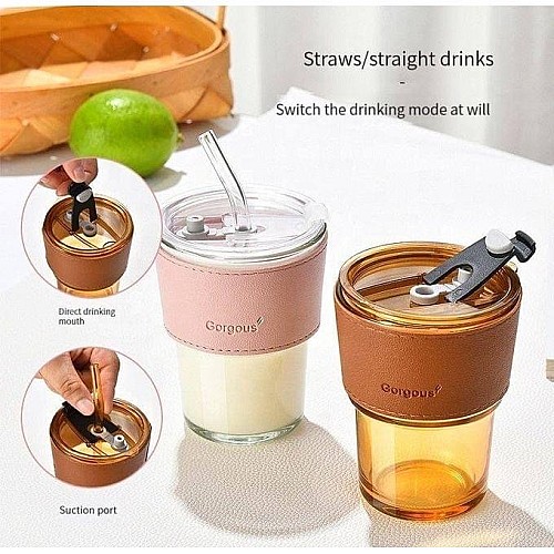 أكواب زجاجية للقهوة مع أغطية وأنابيب مانعة للتسرب ☕🥤🚫
