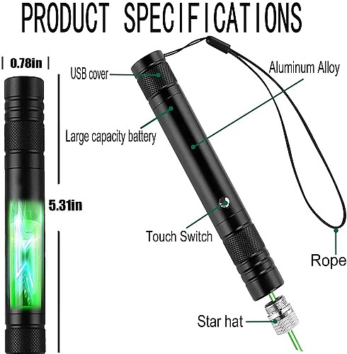 مؤشر ليزر أخضر عالي القدرة بمدى طويل، يعمل بالشحن عبر USB 🔋🌟