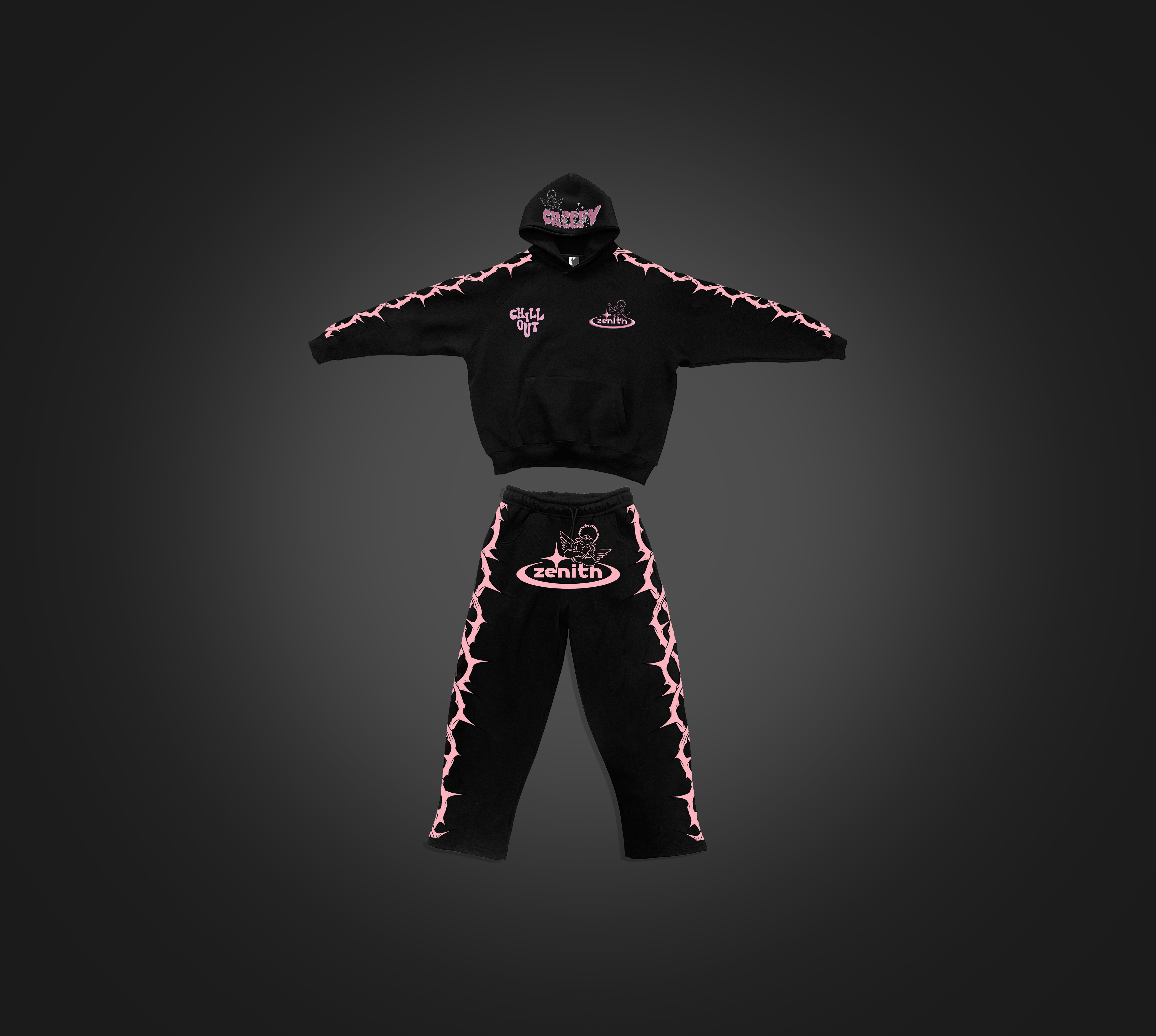 Ensemble Zenith – Black/Pink “Flames” (Hoodie + Jogger)