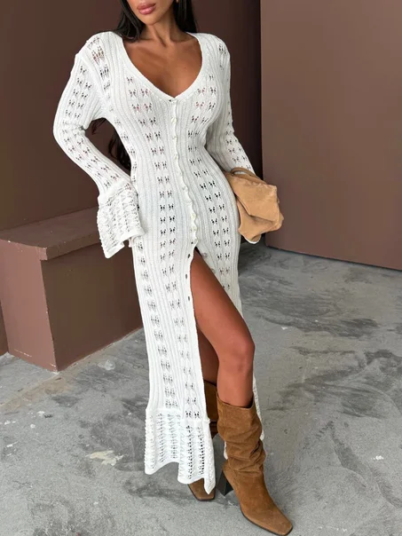 فستان صوف طويل ناعم بأزرار أمامية - تصميم شتوي فاخر - خصم 15% - موديل  Robe code 2059