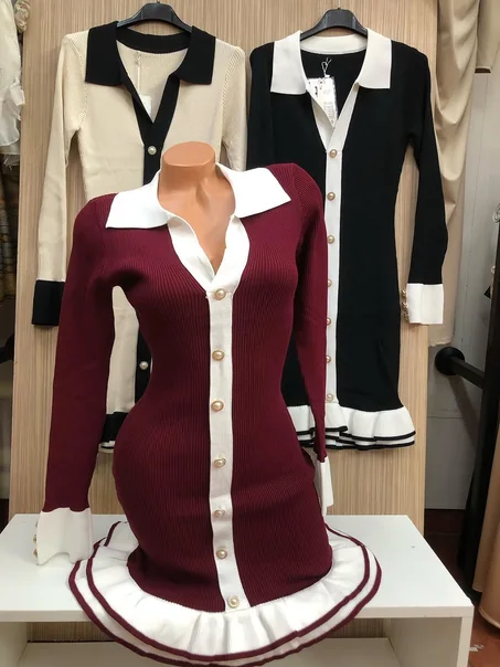 فستان تريكو ناعم (موديل 2068) - بأزرار ذهبية - دفء وإطلالة فاخرة  Robe reference 2068