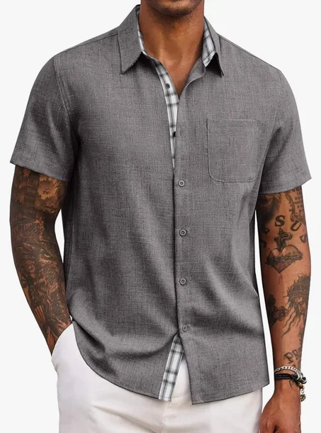كوفاندي قميص رجالي بازرار امامية واكمام قصيرة كاجوال للصيف والشاطئ والعطلات والزفاف مع جيب
