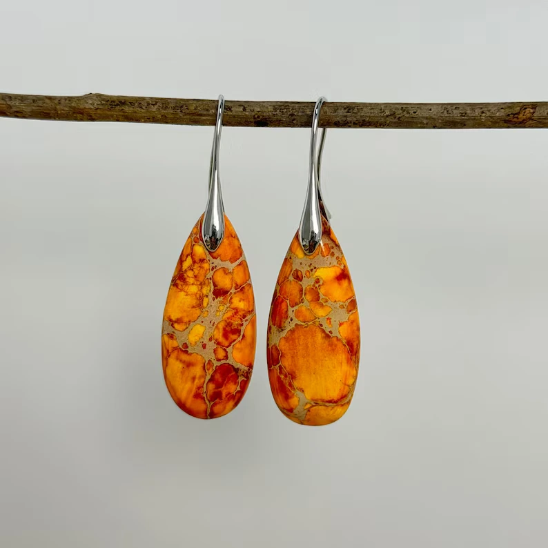 Orange Jasper Earrings, Natural Gemstone Drop Earrings, Teardrop Healing Earrings, Meditation Protection Earrings