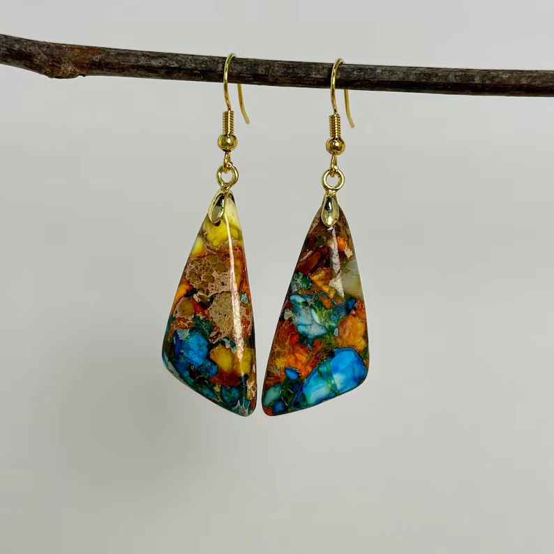Natural Stone Earrings, Geometric Earrings, Colorful Jasper Earrings, Drop Earrings for Women, Stone Earring Jewelry