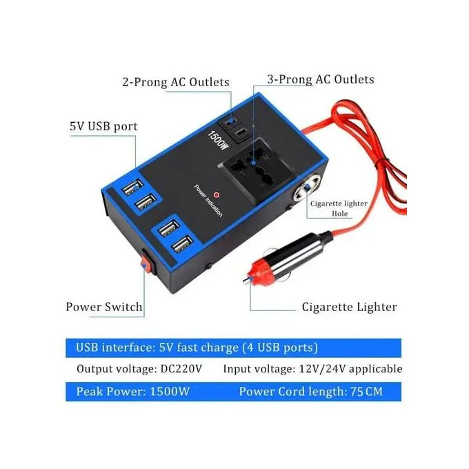 محول سيارة 1500 وات 12 فولت 24 فولت إلى 220 فولت، 4 منافذ مع مقبس، شحن سريع، محول USB