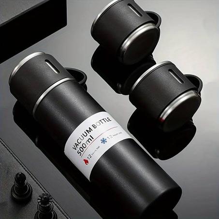 قارورة حرارية 3 في 1 – ترموس من الفولاذ المقاوم للصدأ بسعة 500 مل مع 3 أكواب – لون أسود