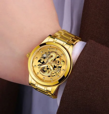 ساعة  رجالية كوارتز، تصميم فاخر، طراز رسمي، بنقشة التنين الصيني، سوار من الفولاذ المقاوم للصدأ