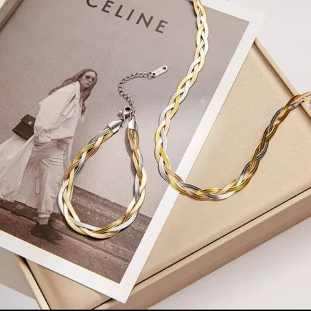 Le set collier + bracelet tresse chaine maille serpent tricolore en acier inoxydable