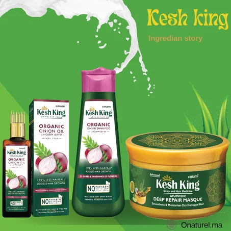 kesh king Combo Huile 100 ml & Shampoing à l'Oignon Bio + Feuilles de Curry Kesh King - 300ml +Kesh King Scalp & Hair Medicated Deep Repair Masque 200 ml