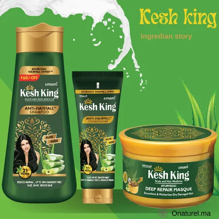 PACK Kesh King – Combo Shampoing Anti-Chute Ayurvédique 200ml + Après-shampooing 200 ml+Kesh King Scalp & Hair Medicated Deep Repair Masque 200ml