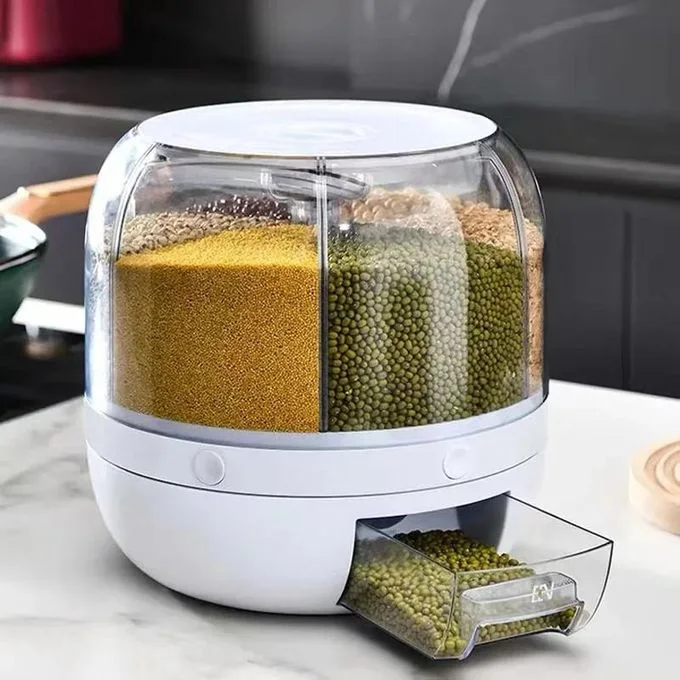 موزع صندوق طعام قابل للتكديس – موزع أرز وحبوب دوّار بـ 6 خانات (محكم الإغلاق) 🌾🍚