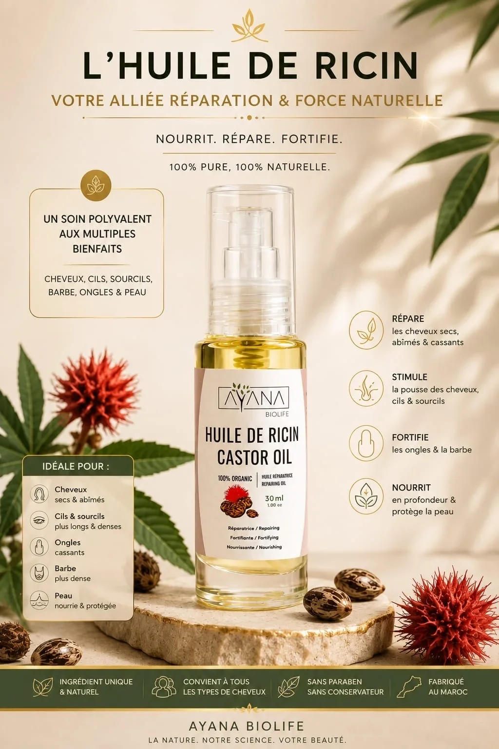 Huile de Ricin Bio Pousse Cheveux & Cils | AYANA Biolife