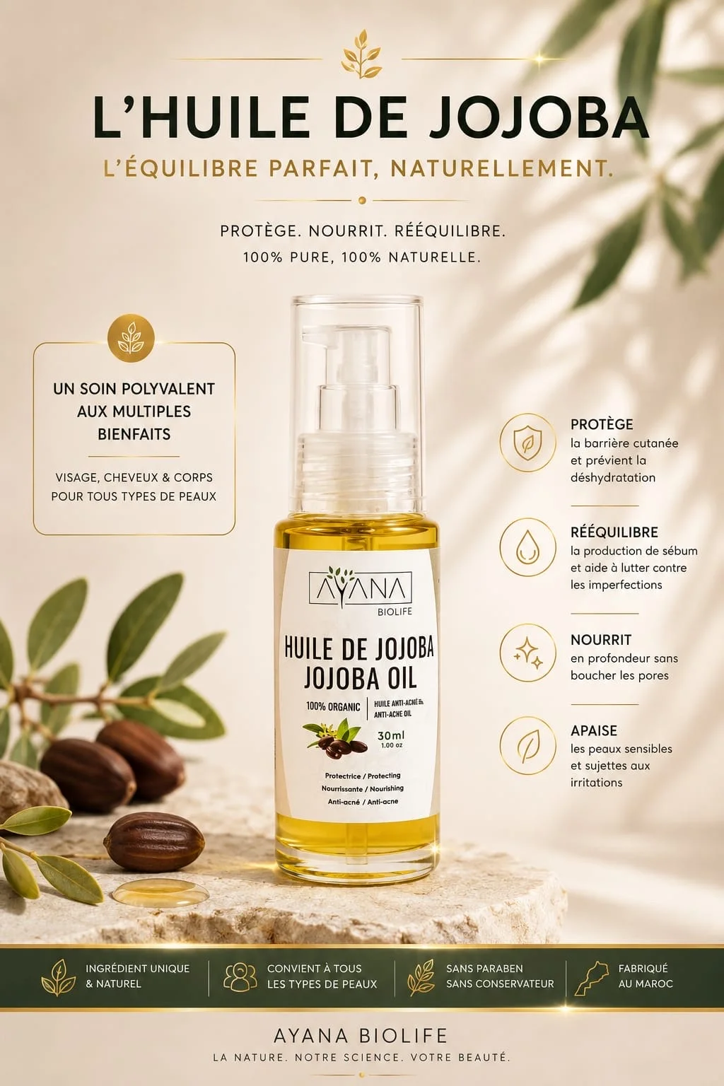 Huile de Jojoba Bio Maroc Peaux Grasses | AYANA Biolife