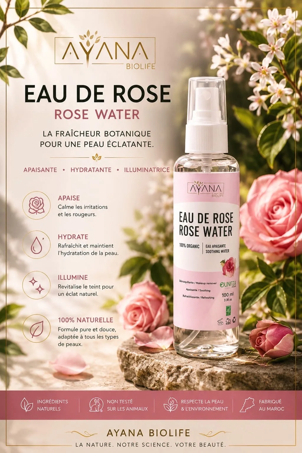 Eau de Rose Pure Maroc Kelaa des M'Gouna | AYANA Biolife